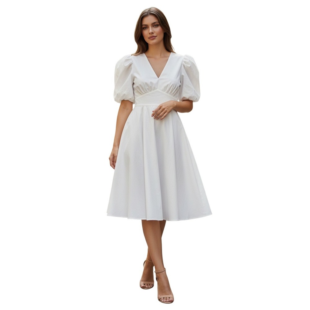1.STATE Womens White Puff Sleeve V-Neck Mini Dress Empire Waist XS Romantic NWT